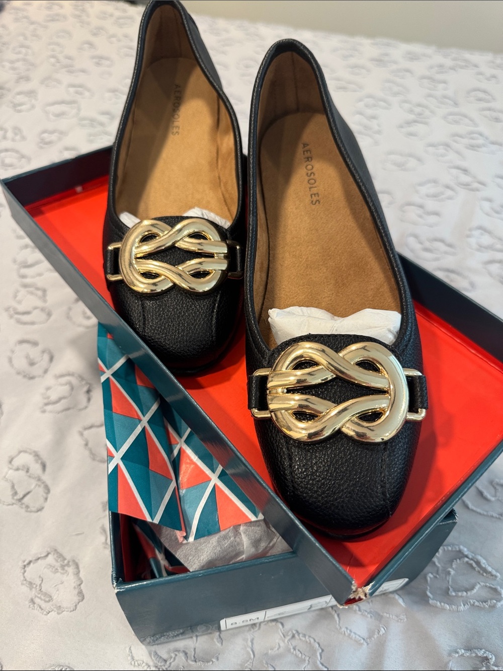 AEROSOLES Black Leather Flats with Gold Knot Accent